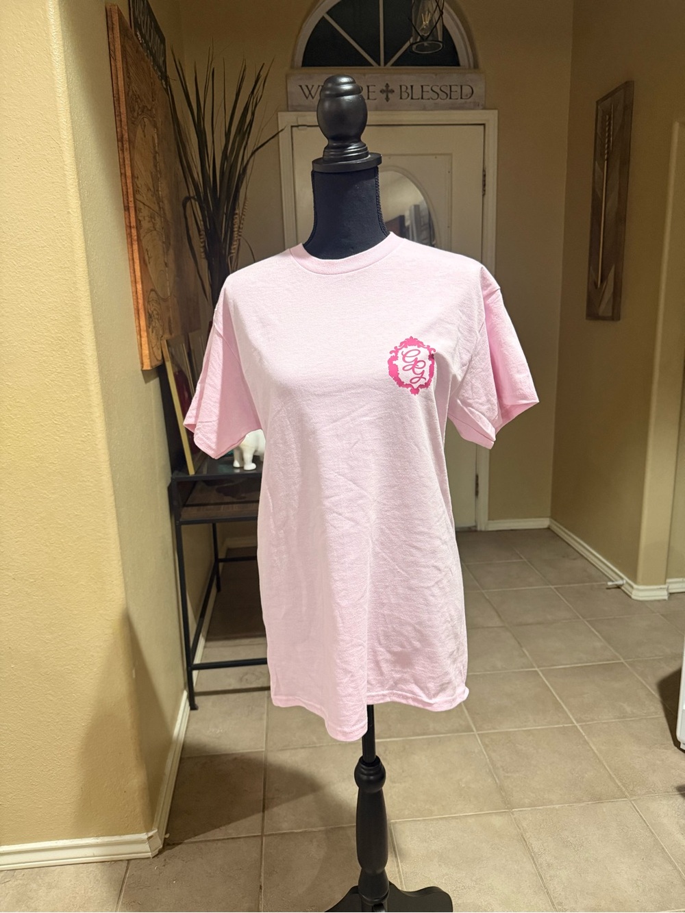 Gildan Light Pink Short Sleeve Tee with Small Chest Graphic